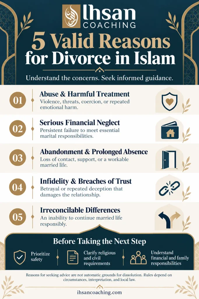 Five reasons for seeking divorce in Islam abuse, financial neglect, abandonment, breaches of trust, and irreconcilable differences.
