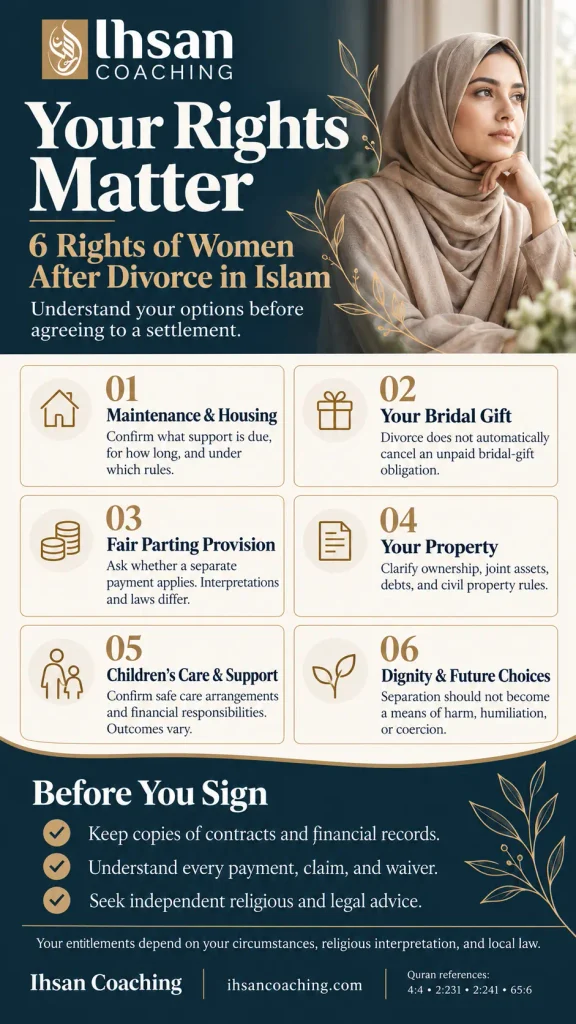Six rights of women after divorce in Islam, covering maintenance, bridal gift, parting provision, property, children, and dignity.